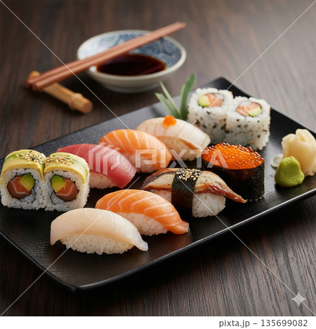 お寿司盛り合わせの、サーモンにぎりを中心としたアップ 135699082