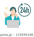 24時間対応可能をアピールするヘッドセットをしたコールセンターの女性のイラスト。 135699186