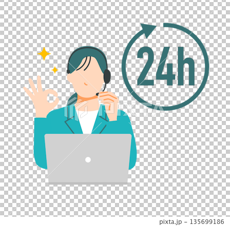 一幅插圖，描繪了一位戴著耳機的呼叫中心女員工，宣傳24小時服務。 135699186