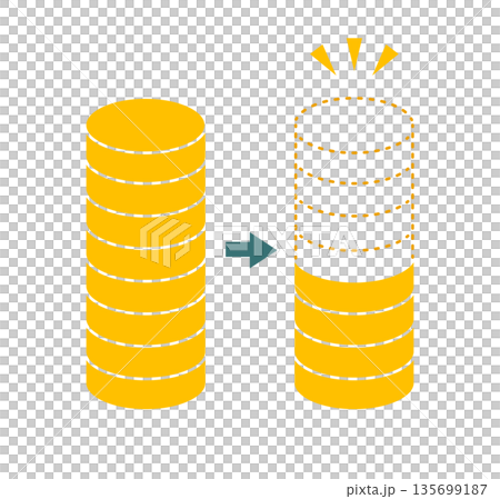 An illustration of reducing coins and cutting costs. 135699187