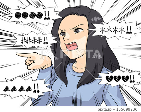 指を差すポーズで怒る女性のアニメ風イラスト 135699230
