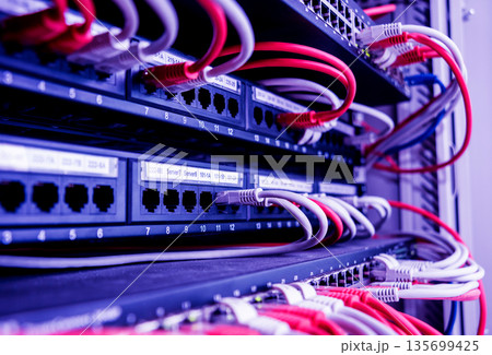 Network switch and ethernet cables in red and white colors. Data Center 135699425