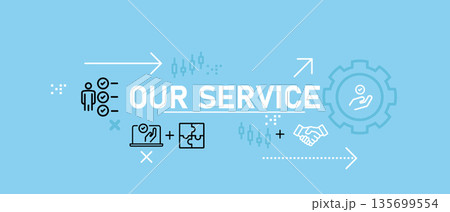 header our service on company business icons technical assistance and client relationship for company profile or landing page interface flat vector illustration 135699554