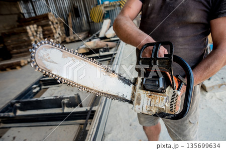 Woodcutter cutting tree with chainsaw on sawmill. Modern sawmill 135699634