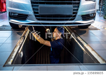 Car mechanic examining car suspension of lifted automobile at service station Car mechanic examining car suspension of lifted automobile at service station 135699835