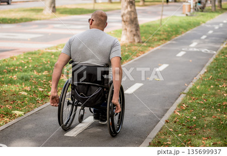Handicapped man in wheelchair walk at the park alley Handicapped man in wheelchair walk at the park alley 135699937