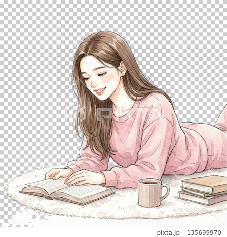 一位女士正在慢慢地讀書。 135699970