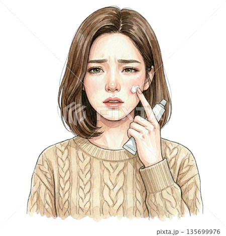 ニキビにクリームを塗る女性 ニキビにクリームを塗る女性 135699976