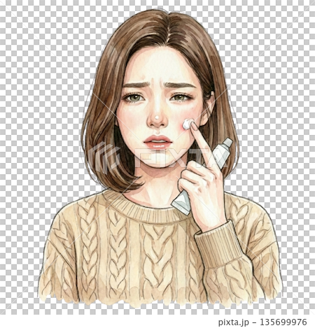 ニキビにクリームを塗る女性 ニキビにクリームを塗る女性 135699976