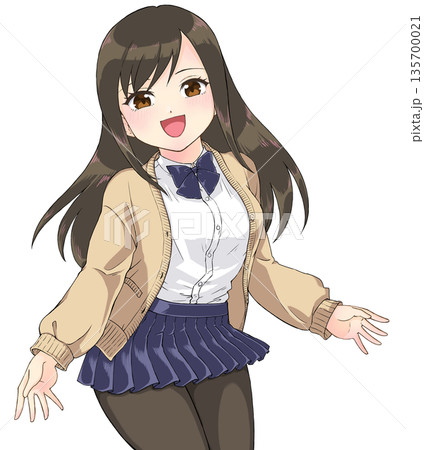 萌えアニメ風キャラクター立ち絵 黒タイツを履いた制服姿の女子高生の