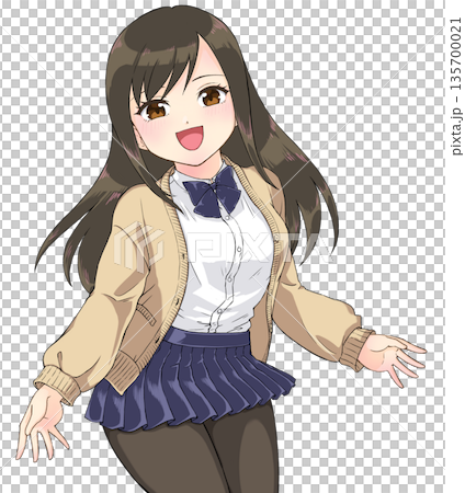 萌えアニメ風キャラクター立ち絵 黒タイツを履いた制服姿の女子高生の
