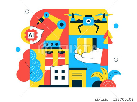 AI Robotics In Industry Vector Illustration Featuring Smart Automation, Industrial Robots, Advanced Manufacturing Technology Background 135700102