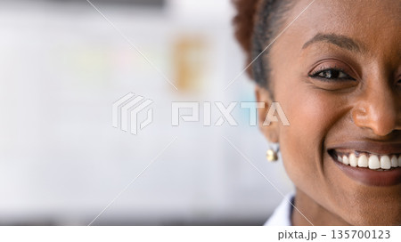 Close up cropped view half face of smiling African businesswoman 135700123
