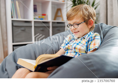 Smiling Child Reading a Book in Cozy Home Setting Smiling Child Reading a Book in Cozy Home Setting 135700760