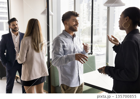 Diverse multicultural businesspeople standing in pairs at coworking space talking Diverse multicultural businesspeople standing in pairs at coworking space talking 135700855
