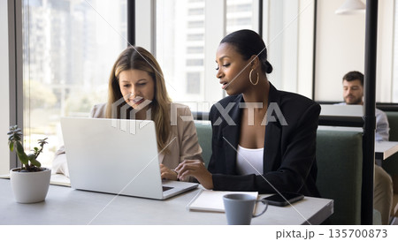 Businesswoman freelancer meeting with female client at table in coworking Businesswoman freelancer meeting with female client at table in coworking 135700873