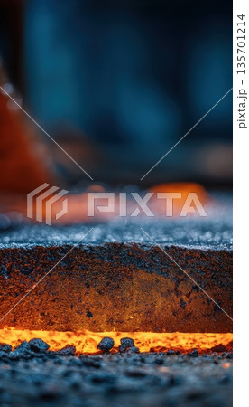 Close-up of Slag Removal from Molten Steel with Sharp Texture Contrast 135701214