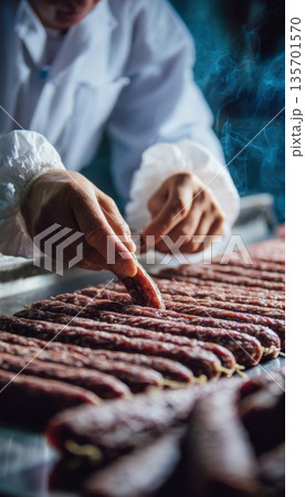 Production Worker Inspects Dried Sausages for Quality Control 135701570