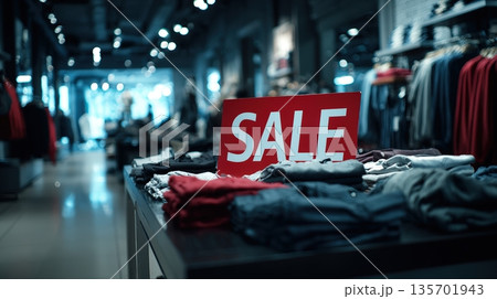 Modern Clothing Store Interior with Prominent Sale Sign Display 135701943