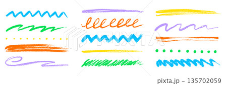 Colorful hand drawn brush strokes and underline set. Textured chalk pencil marks, crayon scribbles, chalk color lines. Crayon texture brush stroke rough highlight shapes. Vector Colorful hand drawn brush strokes and underline set. Textured chalk pencil marks, crayon scribbles, chalk color lines. Crayon texture brush stroke rough highlight shapes. Vector 135702059