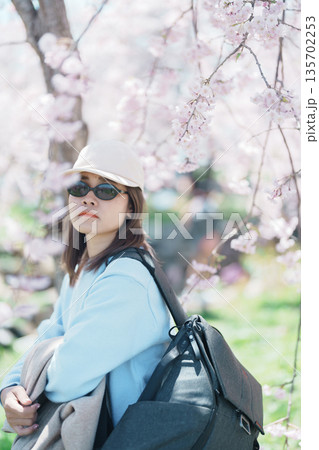 Woman tourist sightseeing Kitakami Tenshochi Park with Sakura Cherry Blossom in Spring, traveler travel in Kitakami festival, Iwate prefecture, Japan. Landmark for Travel and Vacation destination 135702253
