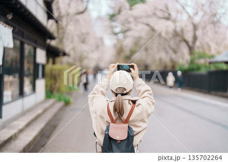 Woman tourist sightseeing and taking photo Sakura Cherry Blossom in Spring. traveler travel in Samurai village in Kakunodate town, Semboku District, Akita Prefecture, Japan. Landmark and vacation Woman tourist sightseeing and taking photo Sakura Cherry Blossom in Spring. traveler travel in Samurai village in Kakunodate town, Semboku District, Akita Prefecture, Japan. Landmark and vacation 135702264