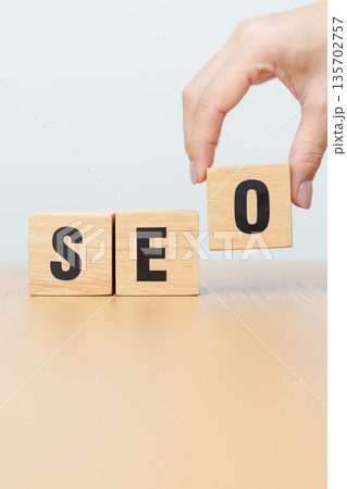 Wooden block of SEO. Search Engine Optimization, SEM, SEA, Advertising, Marketing, Idea, Strategy, Keyword, Content and technology concept 135702757