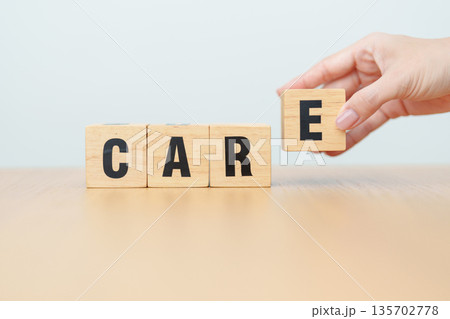 wooden block Care. Health, Heal, Treatment, Therapy, Nursing, wellness and healthcare concepts 135702778
