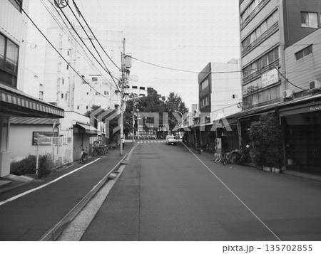 築地場外市場の街並みと道路が見せる市場の表情。イラスト風の写真。 築地場外市場の街並みと道路が見せる市場の表情。イラスト風の写真。 135702855