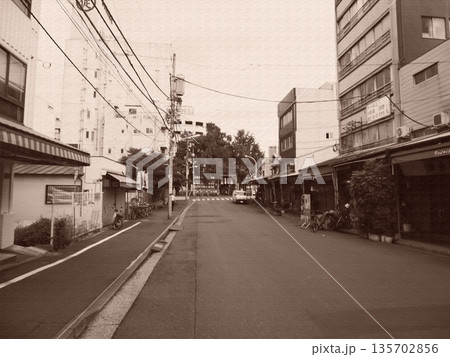 築地場外市場の街並みと道路が見せる市場の表情。イラスト風の写真。 135702856
