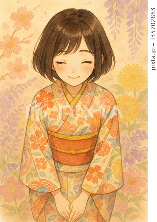 笑顔でお辞儀をする着物の女性 135702883