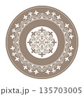 Beautiful gold round frame arabesques. Golden white plate with floral design. Vintage, ethnic vector frame with arabesques EPS. Pattern frame for round surfaces, textiles, embroidery, plate, porcelain 135703005