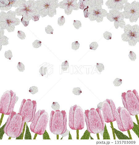 【桜とピンクのチューリップフレーム】手刺繍イラスト素材 135703009