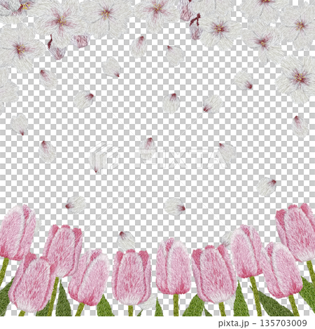 【桜とピンクのチューリップフレーム】手刺繍イラスト素材 135703009