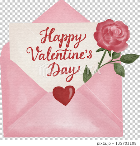 Romantic watercolor illustration of a pink envelope with a love letter reading Happy Valentines Day  sealed with a red heart and decorated with a blooming rose. 135703109