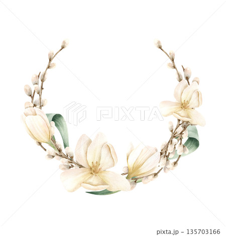 Wreath pussy willow branches with white tulips. Floral Frame of symbol Easter religious bright celebration. Hand drawn watercolor isolated illustration, template. Fluffy bud on twig, spring flowers Wreath pussy willow branches with white tulips. Floral Frame of symbol Easter religious bright celebration. Hand drawn watercolor isolated illustration, template. Fluffy bud on twig, spring flowers 135703166