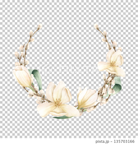 Wreath pussy willow branches with white tulips. Floral Frame of symbol Easter religious bright celebration. Hand drawn watercolor isolated illustration, template. Fluffy bud on twig, spring flowers Wreath pussy willow branches with white tulips. Floral Frame of symbol Easter religious bright celebration. Hand drawn watercolor isolated illustration, template. Fluffy bud on twig, spring flowers 135703166