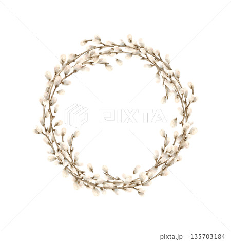 Easter wreath from willow branches. Botanical frame, template of symbol of spring religious bright holiday. Hand drawn watercolor Isolated illustration. Soft fluffy bud on twig. For Easter decor 135703184