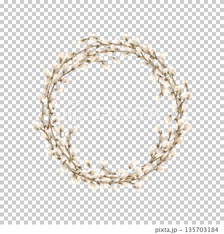 Easter wreath from willow branches. Botanical frame, template of symbol of spring religious bright holiday. Hand drawn watercolor Isolated illustration. Soft fluffy bud on twig. For Easter decor 135703184