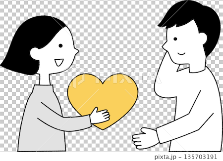 Woman handing a heart to a man, upper body, monochrome 135703191