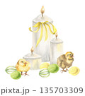 Yellow Easter cute chicks, colorful eggs and white candles watercolor illustration. Hand drawn Happy Easter clipart with wax candles,farm birds and colored eggs for festive poster,greeting card design 135703309