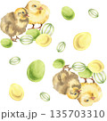 Happy Easter spring cute watercolor seamless pattern with yellow chicks and colorful eggs illustration. Hand drawn festive pastel background with religious symbols for rustic textile, kitchen design 135703310