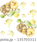 Easter yellow chicks,colorfull eggs and romantic bows watercolor seamless pattern. Hand drawn spring cute background with farm birds and Easter decor for packing,textile design	 135703311