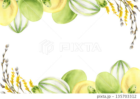 : Spring Easter watercolor festive banner with colored eggs and willow branches illustration. Hand drawn green and yellow easter eggs with floral decor for poster, card design 135703312