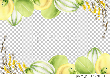 : Spring Easter watercolor festive banner with colored eggs and willow branches illustration. Hand drawn green and yellow easter eggs with floral decor for poster, card design 135703312