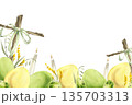 : Happy Easter watercolor banner with colored eggs, wooden cross and candles watercolor illustration. Hand drawn Spring festive background with yellow and green eggs for Easter poster,card design 135703313