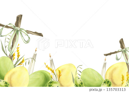 : Happy Easter watercolor banner with colored eggs, wooden cross and candles watercolor illustration. Hand drawn Spring festive background with yellow and green eggs for Easter poster,card design 135703313