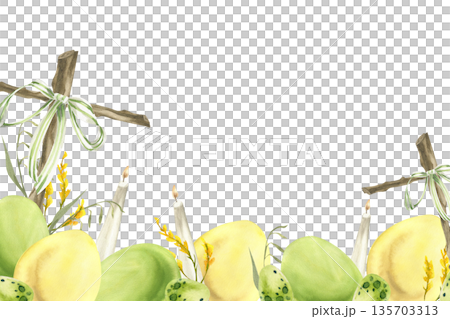 : Happy Easter watercolor banner with colored eggs, wooden cross and candles watercolor illustration. Hand drawn Spring festive background with yellow and green eggs for Easter poster,card design 135703313