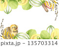 Spring festive banner with pastel colored yellow and green eggs,willow branches,cute chick and bunny ear watercolor illustration. Hand drawn Easter eggs decor,festive frame with farm animals. 135703314