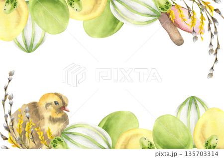 Spring festive banner with pastel colored yellow and green eggs,willow branches,cute chick and bunny ear watercolor illustration. Hand drawn Easter eggs decor,festive frame with farm animals. Spring festive banner with pastel colored yellow and green eggs,willow branches,cute chick and bunny ear watercolor illustration. Hand drawn Easter eggs decor,festive frame with farm animals. 135703314